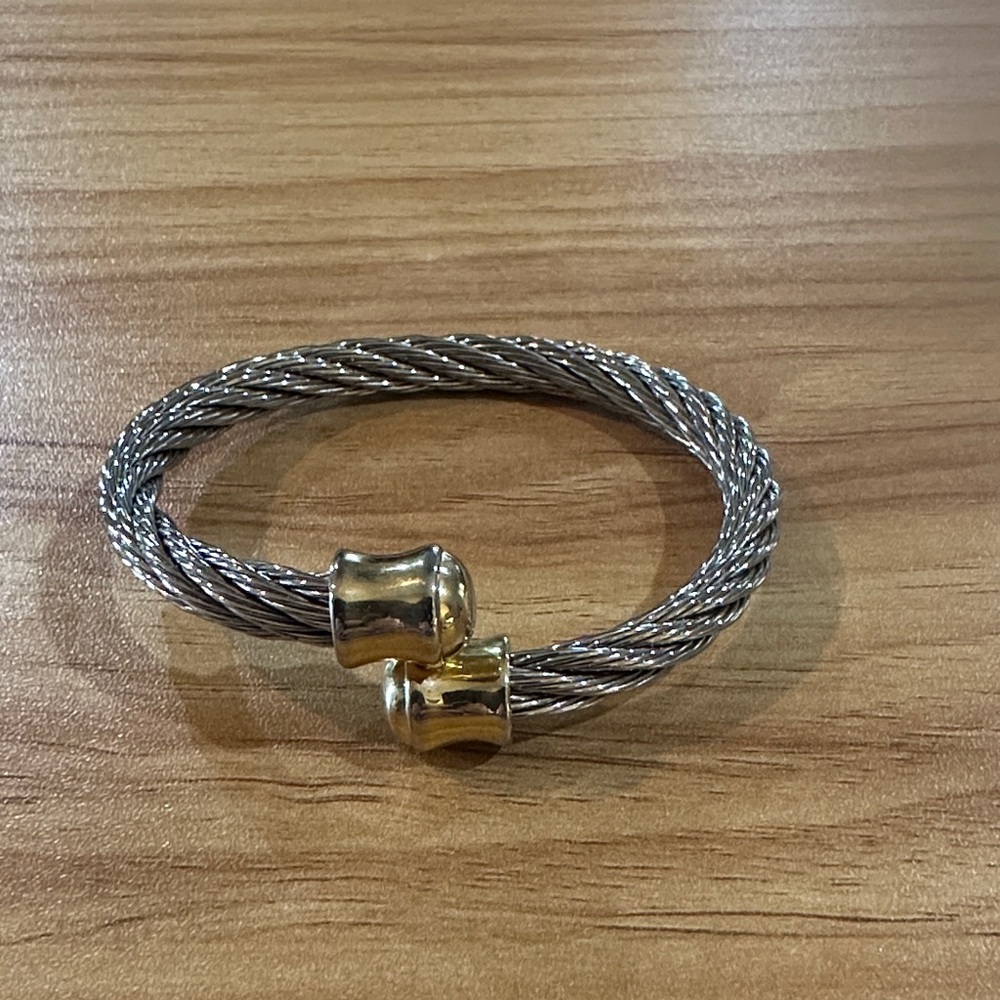 Two-Tone Stainless Cable Bypass Bracelet with Gold Accents